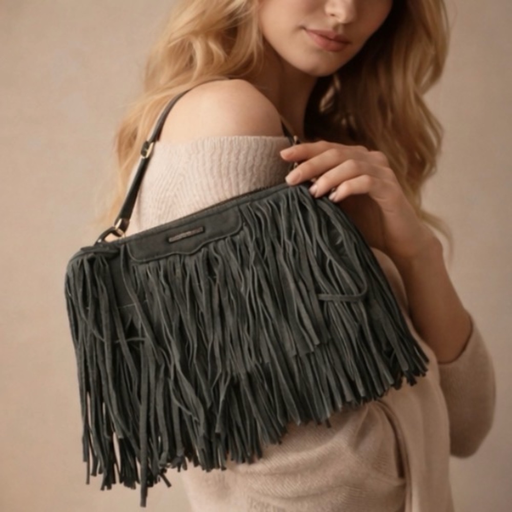 Rebecca Minkoff Black Fringe Suede Crossbody Bag Boho Western Tassel Purse